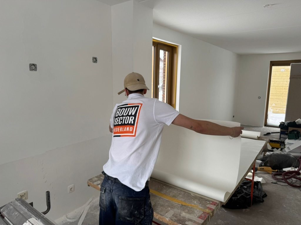Vakman van Bouwsector Nederland zet een baan renovlies op de wand in een nieuwbouwwoning