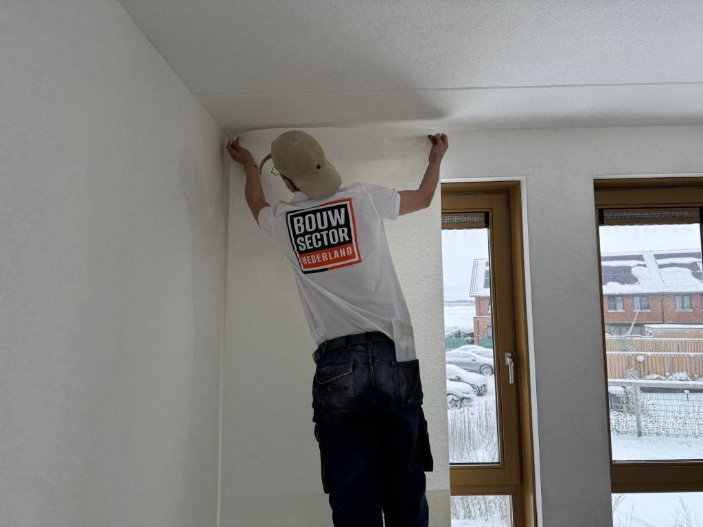Vakman van Bouwsector Nederland drukt een baan behang aan tot tegen het plafond